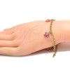 Oro Laminado Charm Bracelet, Gold Filled Style Star and Rolo Design, with White Crystal, Pink Enamel Finish, Golden Finish, 03.63.1358.07