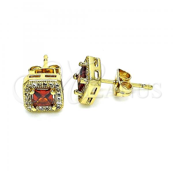 Oro Laminado Stud Earring, Gold Filled Style with Garnet Cubic Zirconia and White Micro Pave, Polished, Golden Finish, 02.342.0104.1