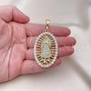 Oro Laminado Religious Pendant, Gold Filled Style Guadalupe Design, with White Crystal, Polished, Golden Finish, 05.380.0032