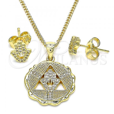 Oro Laminado Earring and Pendant Adult Set, Gold Filled Style Hand of God Design, with White Micro Pave, Polished, Golden Finish, 10.156.0396