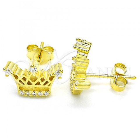 Sterling Silver Stud Earring, Crown Design, with White Cubic Zirconia and White Crystal, Polished, Golden Finish, 02.336.0079.2