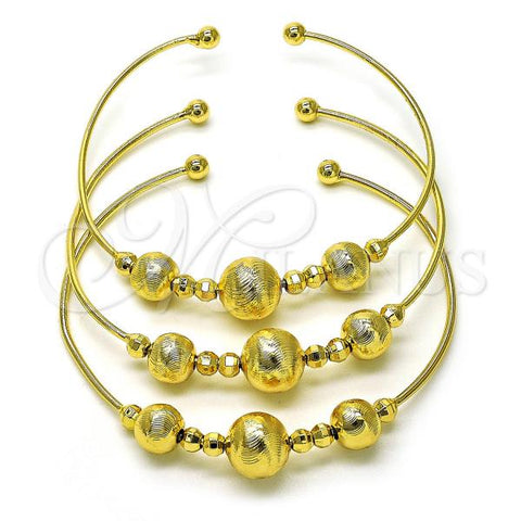 Oro Laminado Trio Bangle, Gold Filled Style Ball and Disco Design, Diamond Cutting Finish, Golden Finish, 07.170.0016.1