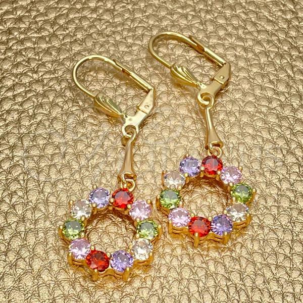 Oro Laminado Long Earring, Gold Filled Style with Multicolor Cubic Zirconia, Polished, Golden Finish, 02.387.0054.1