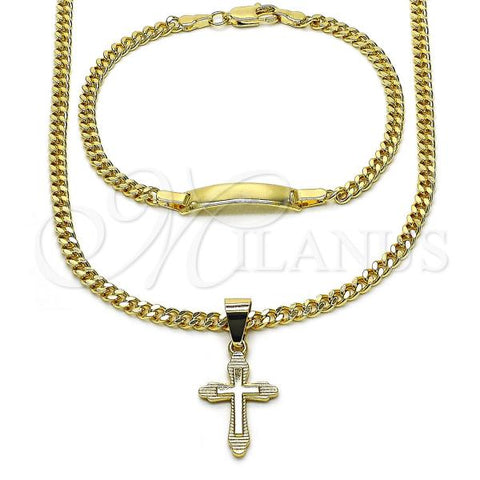 Oro Laminado Necklace and Bracelet, Gold Filled Style Cross and Miami Cuban Design, Polished, Golden Finish, 06.63.0268