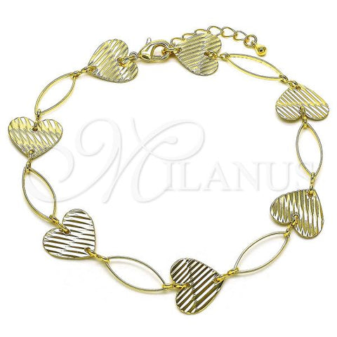 Oro Laminado Fancy Anklet, Gold Filled Style Heart Design, Diamond Cutting Finish, Golden Finish, 5.032.006.1.10
