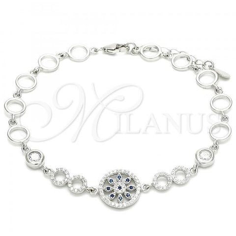 Sterling Silver Fancy Bracelet, Flower Design, with Sapphire Blue and White Cubic Zirconia, Polished, Rhodium Finish, 03.369.0002.07