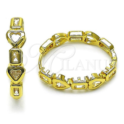 Oro Laminado Huggie Hoop, Gold Filled Style Heart and Baguette Design, with White Cubic Zirconia, Polished, Golden Finish, 02.282.0017.25