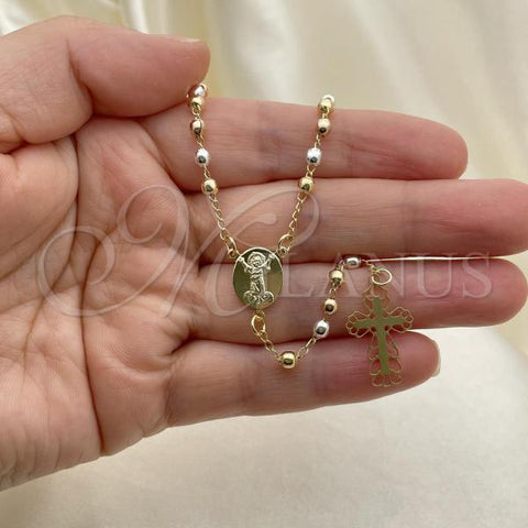 Oro Laminado Thin Rosary, Gold Filled Style Cross and Divino Niño Design, Polished, Tricolor, 09.02.0056.18