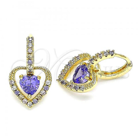 Oro Laminado Dangle Earring, Gold Filled Style Heart Design, with Amethyst Cubic Zirconia and Multicolor Micro Pave, Polished, Golden Finish, 02.65.2660.3