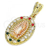 Oro Laminado Religious Pendant, Gold Filled Style Guadalupe Design, with Multicolor Crystal, Polished, Tricolor, 05.380.0045.1