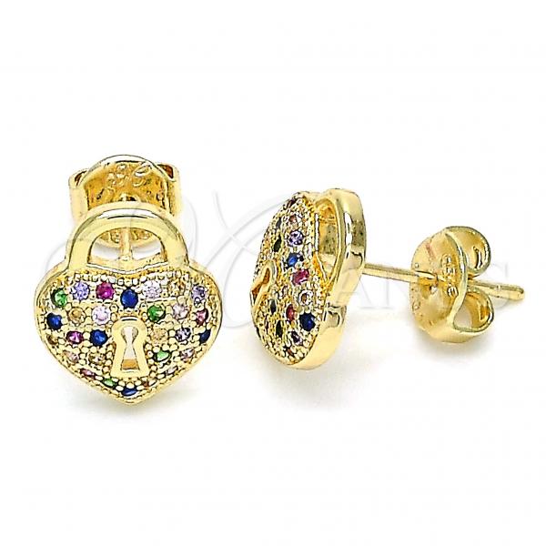 Oro Laminado Stud Earring, Gold Filled Style Lock and Heart Design, with Multicolor Micro Pave, Polished, Golden Finish, 02.156.0441.3