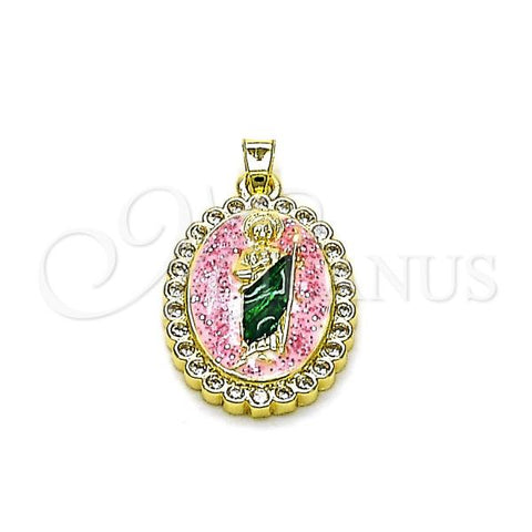 Oro Laminado Religious Pendant, Gold Filled Style San Judas Design, with White Cubic Zirconia, Pink Enamel Finish, Two Tone, 05.284.0018.1