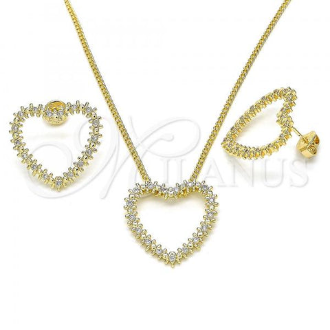 Oro Laminado Earring and Pendant Adult Set, Gold Filled Style Heart Design, with White Micro Pave, Polished, Golden Finish, 10.156.0244