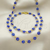 Oro Laminado Necklace and Bracelet, Gold Filled Style Evil Eye Design, Blue Resin Finish, Golden Finish, 06.63.0199.1