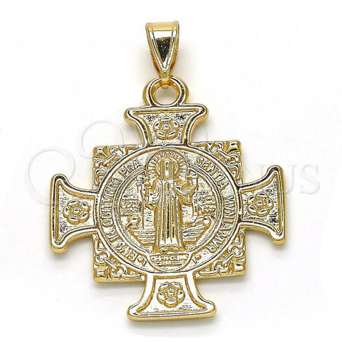 Oro Laminado Religious Pendant, Gold Filled Style San Benito and Flower Design, Polished, Golden Finish, 05.253.0064