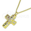 Oro Laminado Pendant Necklace, Gold Filled Style Cross Design, with Multicolor Micro Pave, Polished, Golden Finish, 04.381.0012.20