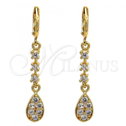 Oro Laminado Long Earring, Gold Filled Style Teardrop Design, with White Cubic Zirconia, Polished, Golden Finish, 02.217.0052