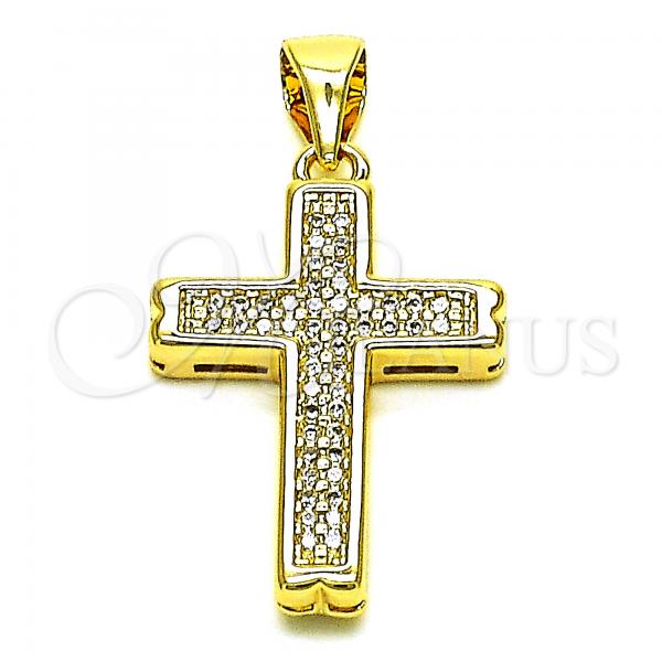 Oro Laminado Religious Pendant, Gold Filled Style Cross Design, with White Micro Pave, Polished, Golden Finish, 05.342.0097