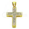 Oro Laminado Religious Pendant, Gold Filled Style Cross Design, with White Micro Pave, Polished, Golden Finish, 05.342.0097