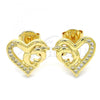 Oro Laminado Stud Earring, Gold Filled Style Heart and Dolphin Design, with White Micro Pave, Polished, Golden Finish, 02.156.0324