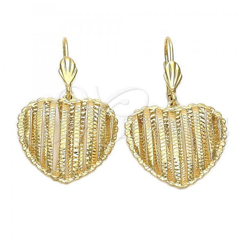 Oro Laminado Dangle Earring, Gold Filled Style Heart Design, Diamond Cutting Finish, Golden Finish, 5.081.011