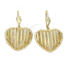 Oro Laminado Dangle Earring, Gold Filled Style Heart Design, Diamond Cutting Finish, Golden Finish, 5.081.011