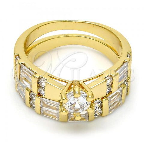 Oro Laminado Wedding Ring, Gold Filled Style Duo Design, with White Cubic Zirconia, Polished, Golden Finish, 01.99.0034.07 (Size 7)