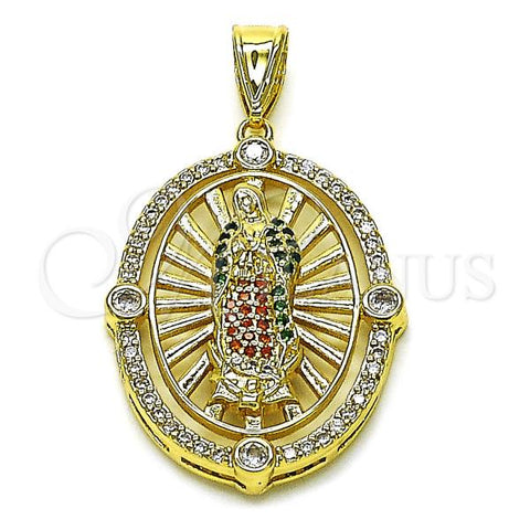 Oro Laminado Religious Pendant, Gold Filled Style Guadalupe Design, with Multicolor and White Cubic Zirconia, Polished, Golden Finish, 05.411.0068.1