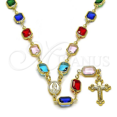 Oro Laminado Medium Rosary, Gold Filled Style Guadalupe and Cross Design, with Multicolor Crystal, Polished, Golden Finish, 09.326.0008.18