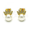 Oro Laminado Stud Earring, Gold Filled Style Crown Design, with Ivory Pearl and White Micro Pave, Polished, Golden Finish, 02.342.0239