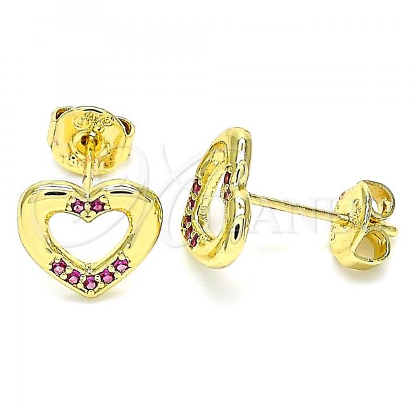 Oro Laminado Stud Earring, Gold Filled Style Heart Design, with Ruby Micro Pave, Polished, Golden Finish, 02.156.0469.1