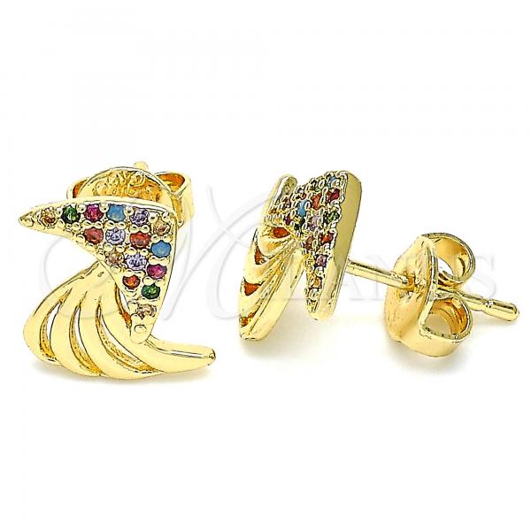 Oro Laminado Stud Earring, Gold Filled Style with Multicolor Micro Pave, Polished, Golden Finish, 02.233.0014