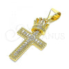 Oro Laminado Fancy Pendant, Gold Filled Style Cross and Crown Design, with White Micro Pave, Polished, Golden Finish, 05.342.0002