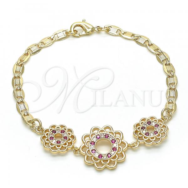 Oro Laminado Fancy Bracelet, Gold Filled Style Flower Design, with Ruby and White Cubic Zirconia, Polished, Golden Finish, 03.233.0045.08
