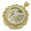 Oro Laminado Religious Pendant, Gold Filled Style Centenario Coin and Angel Design, with White Cubic Zirconia, Polished, Golden Finish, 05.253.0073