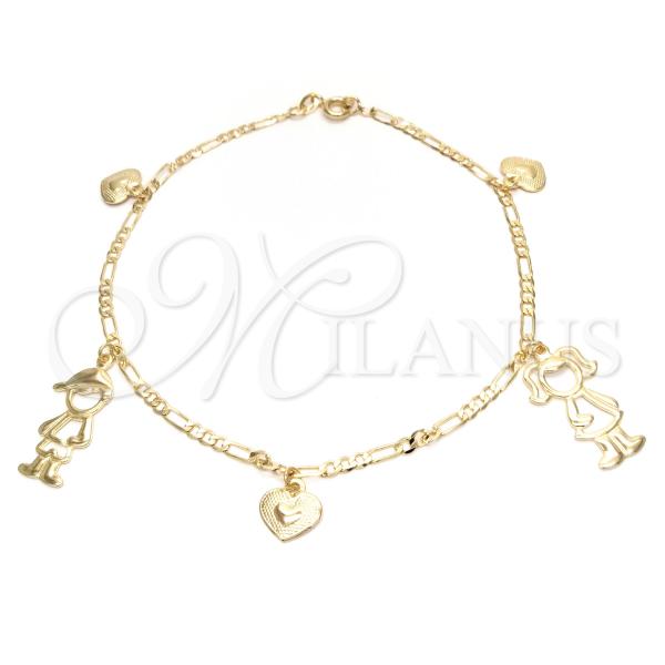 Oro Laminado Charm Anklet , Gold Filled Style Little Girl and Little Boy Design, Polished, Golden Finish, 03.58.0009.10