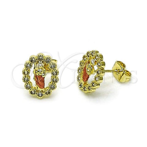 Oro Laminado Stud Earring, Gold Filled Style San Judas Design, with White Cubic Zirconia, Polished, Tricolor, 02.411.0055.1