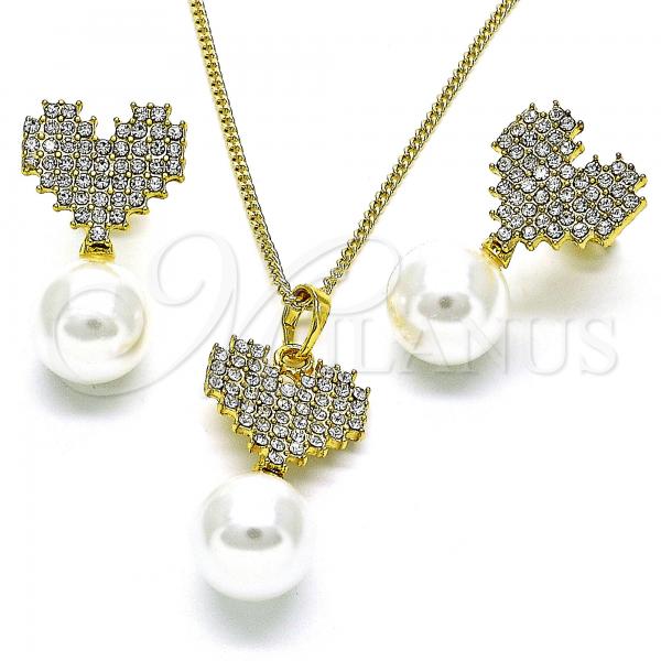 Oro Laminado Earring and Pendant Adult Set, Gold Filled Style Heart Design, with Ivory Pearl and Crystal Crystal, Polished, Golden Finish, 10.379.0052