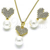 Oro Laminado Earring and Pendant Adult Set, Gold Filled Style Heart Design, with Ivory Pearl and Crystal Crystal, Polished, Golden Finish, 10.379.0052