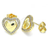 Oro Laminado Stud Earring, Gold Filled Style Heart Design, with White Micro Pave, Polished, Golden Finish, 02.156.0517