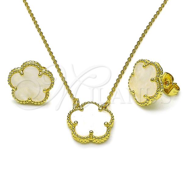 Oro Laminado Earring and Pendant Adult Set, Gold Filled Style Flower and Rolo Design, with Ivory Mother of Pearl, Polished, Golden Finish, 10.313.0008