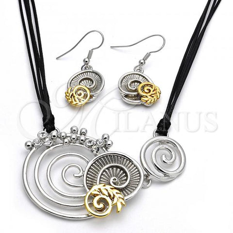 Oro Laminado Necklace and Earring, Gold Filled Style Spiral and Leaf Design, with White Crystal, Polished, Two Tone, 06.59.0109