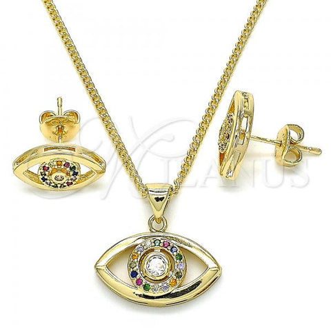 Oro Laminado Earring and Pendant Adult Set, Gold Filled Style Evil Eye Design, with Multicolor Micro Pave, Polished, Golden Finish, 10.156.0245.2