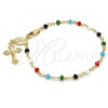 Oro Laminado Bracelet Rosary, Gold Filled Style Caridad del Cobre and Crucifix Design, with Multicolor Azavache, Polished, Golden Finish, 09.63.0111.08