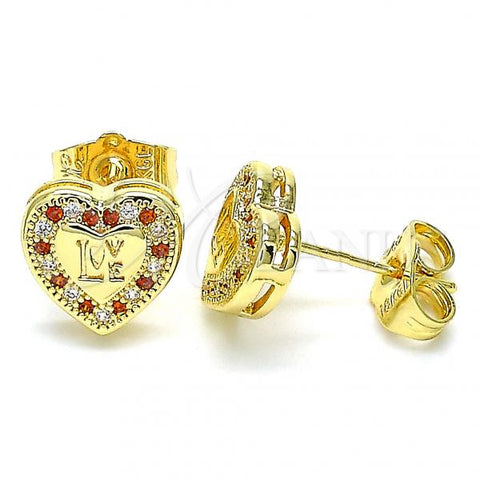 Oro Laminado Stud Earring, Gold Filled Style Heart and Love Design, with Garnet and White Micro Pave, Polished, Golden Finish, 02.156.0483.1