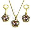 Oro Laminado Earring and Pendant Adult Set, Gold Filled Style Flower Design, with Multicolor Cubic Zirconia, Polished, Golden Finish, 10.387.0010.1