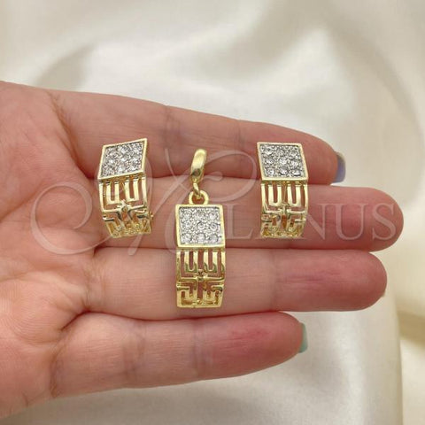 Oro Laminado Earring and Pendant Adult Set, Gold Filled Style Greek Key Design, with White Crystal, Polished, Two Tone, 10.59.0067
