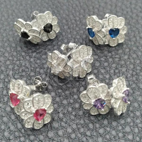 Sterling Silver Stud Earring, Flower Design, with White Cubic Zirconia, Polished, Silver Finish, 02.398.0018