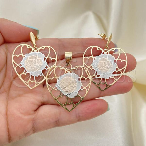 Oro Laminado Earring and Pendant Adult Set, Gold Filled Style Heart Design, Tricolor, 5.042.005