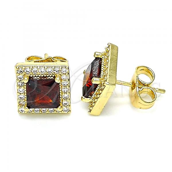 Oro Laminado Stud Earring, Gold Filled Style with Garnet Cubic Zirconia and White Micro Pave, Polished, Golden Finish, 02.210.0477.1